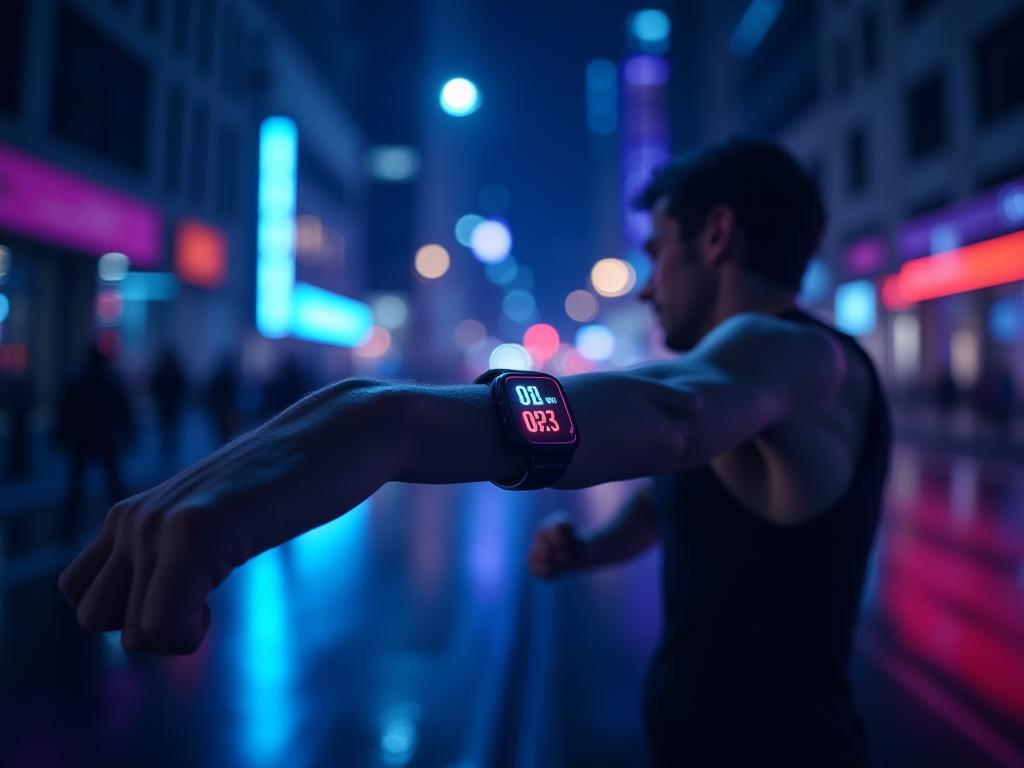 Night run in Melbourne CBD with illuminated watch screen