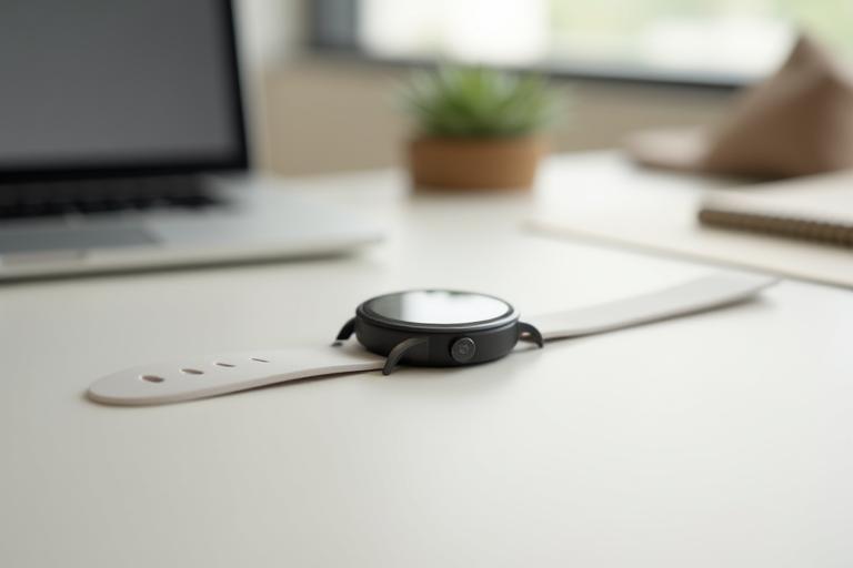 Smartwatch resting on a minimalist office desk